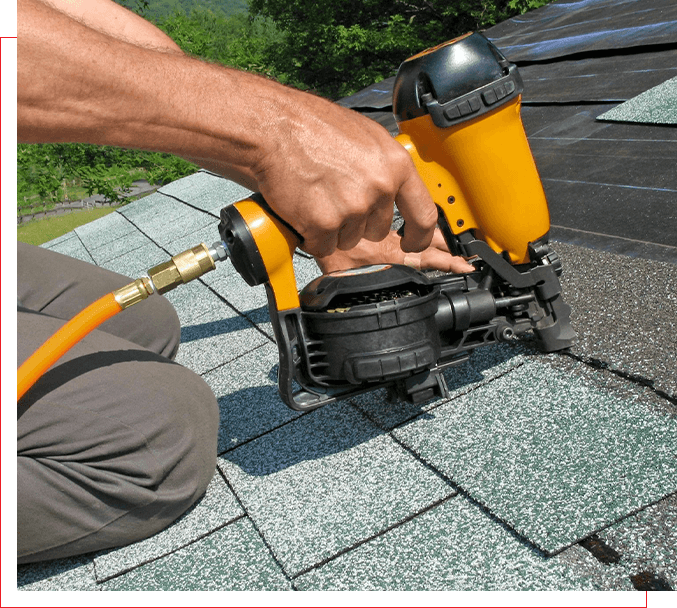 A person is using an air nailer to fix the roof.